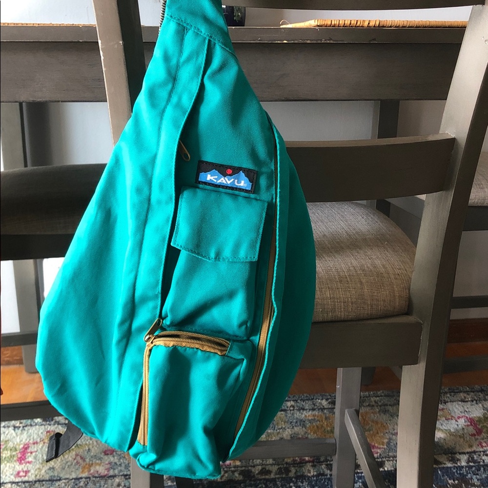 Kavu Teal Sling Bag with Tan Zipper Accents